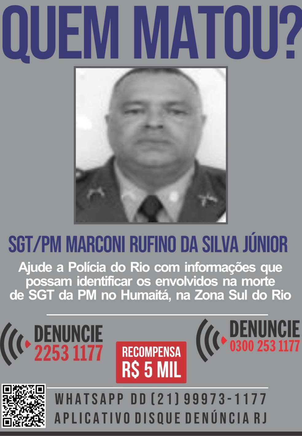 Disque Denúncia oferece recompensa por informações sobre assassinos do PM Marconi Rufino da Silva Junior — Foto: Reprodução