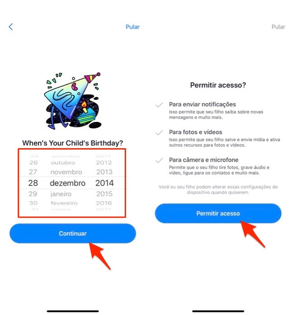 Ação para definir a data de nascimento de uma criança no app Messenger Kids — Foto: Reprodução/Marvin Costa