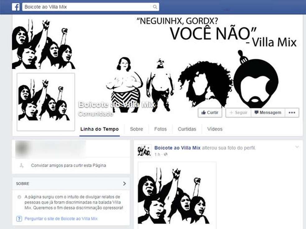 Página no Facebook reúne denúncias de discriminação na Villa Mix (Foto: Reprodução/Facebook)