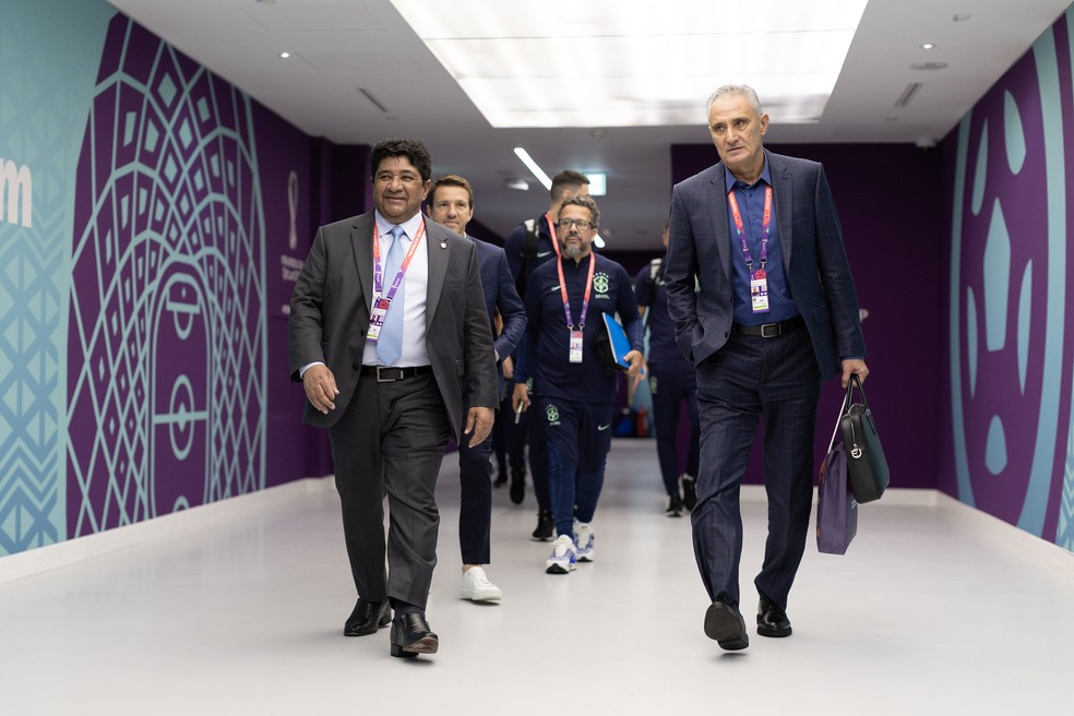 Ednaldo Rodrigues, presidente da CBF, e o t�cnico Tite antes de Brasil x Cro�cia � Foto: Lucas Figueiredo / CBF