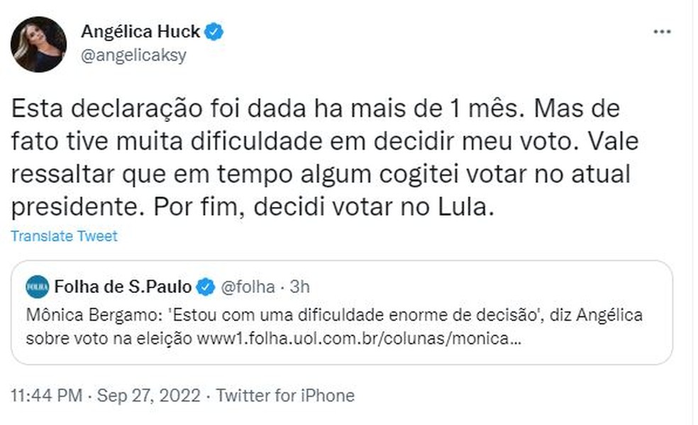 Angélica Huck declara apoio a Lula pelas redes sociais  — Foto: Reprodução: Twitter 