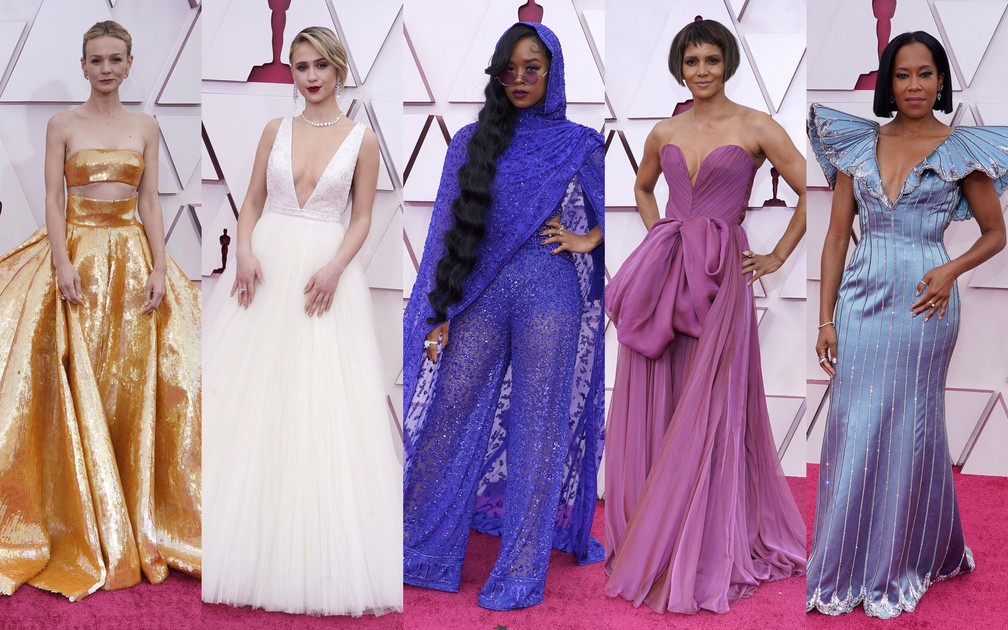 Looks de Carey Mulligan, Maria Bakalova, H.E.R., Halle Berry e Regina King completam top 10 do Oscar 2021 — Foto: AP Photo/Chris Pizzello