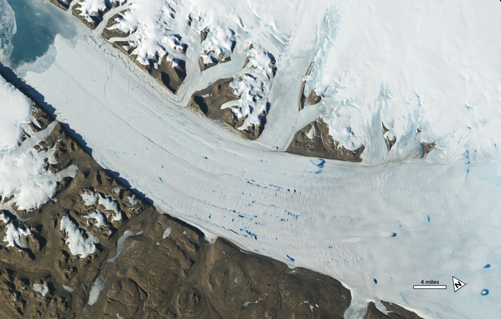Lagos de gelo derretido se formam sobre a geleira de Petermann, Groelândia (Foto: NASA/USGS)