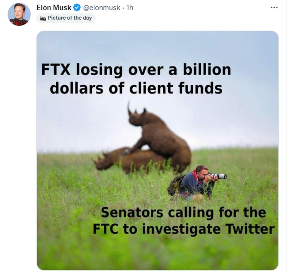 Por meio de um meme, Musk criticou a possibilidade de a Comissão de Livre Comércio do Senado investigar o Twitter. — Foto: Reprodução