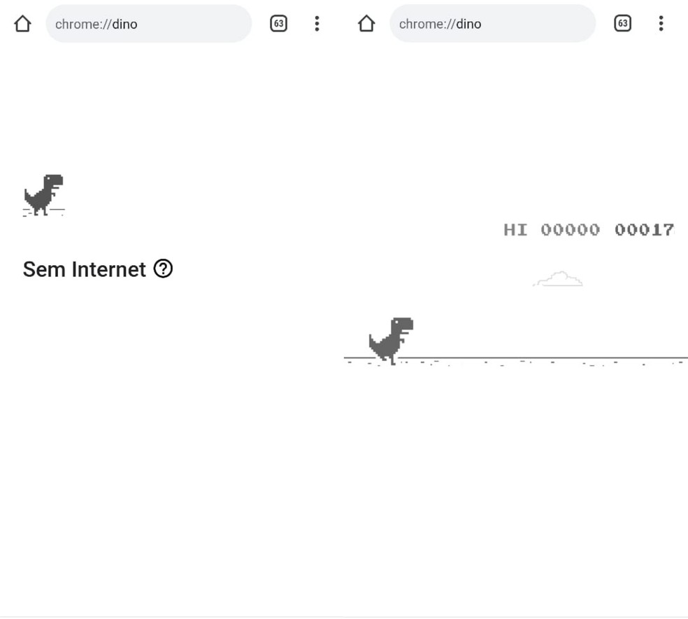 Famoso jogo do dinossauro também pode ser acessado pelo navegador no celular — Foto: Reprodução/Clara Fabro