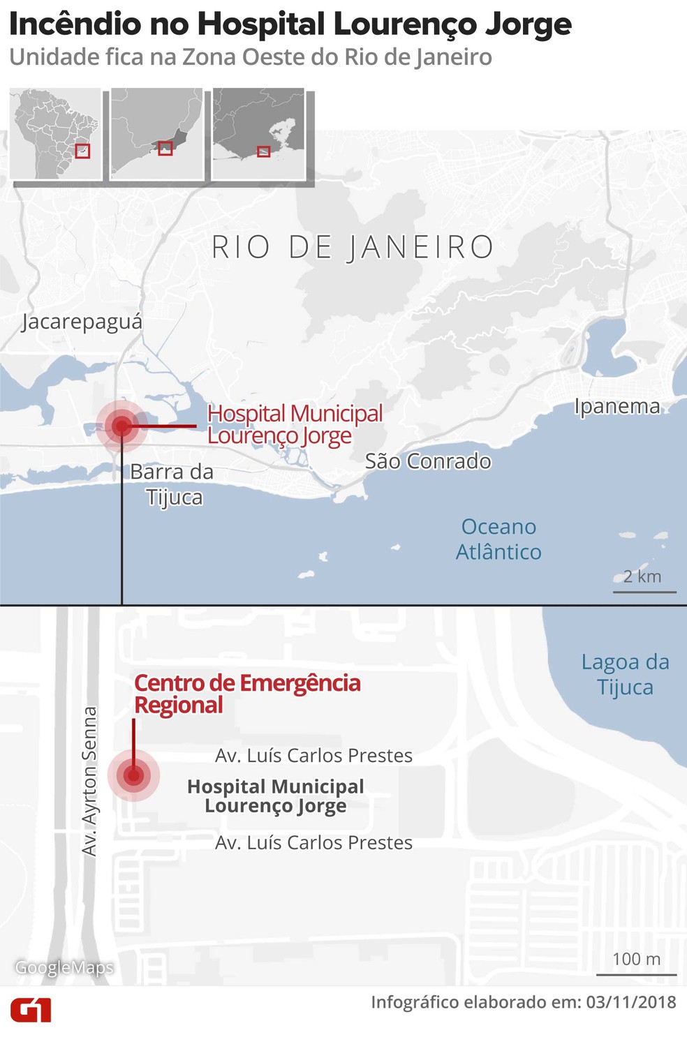 Mapa mostra onde fica o Hospital Lourenço Jorge e a parte destruída — Foto: Infografia: Alexandre Mauro/G1