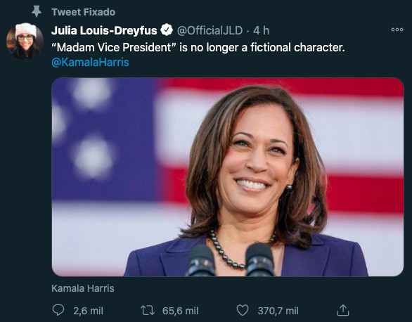 Julia Louis-Dreyfus comemorou a vitória de Biden para Presidente dos Estados Unidos e de Kamala Harris como vice (Foto: Reprodução/Twitter)