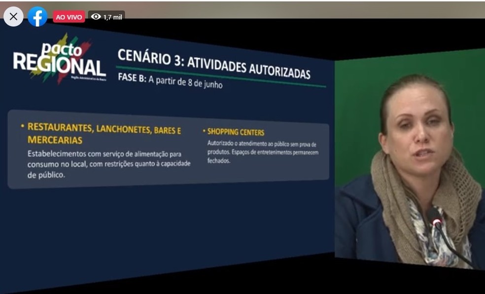 Na live, Letícia Kirschner, secretária de Planejamento, explicou as regras para o processo de retomada em cada área de atividade — Foto: Prefeitura de Bauru/Reprodução