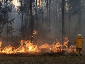 Bombeiro trabalha para conter as chamas de um dos focos dos incêndios florestais que atingem o Sul da Austrália nesta terça-feira (10) (Foto: EFE/Dean Lewins)