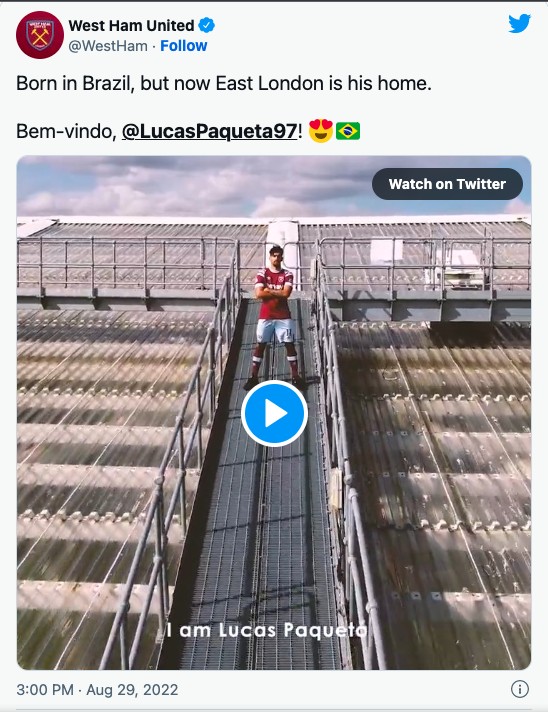 West Ham anuncia contratação do meia brasileiro Lucas Paquetá (Foto: Reprodução: Twitter)