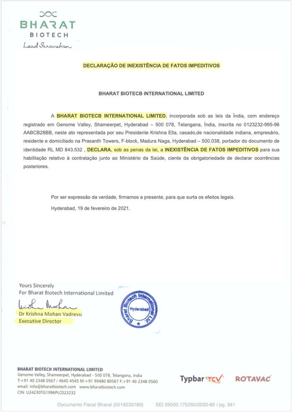 Documento apresentado pela Precisa, com erro no nome do laboratório Bharat Biotech — Foto: Reprodução