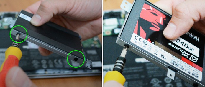 Remova o disco antigo do suporte e parafuse o novo SSD (Foto: Adriano Hamaguchi/TechTudo)