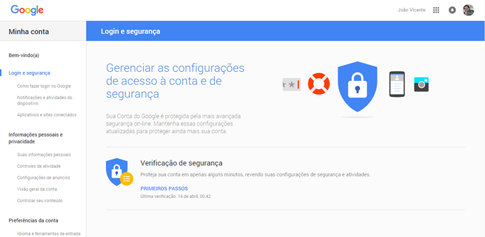 Página do Google possui várias opções para aumentar a segurança (Foto: Reprodução/Google)