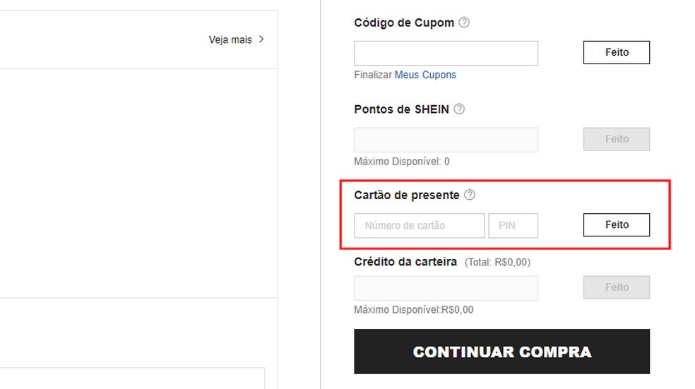 Campo para resgate do cartão presente da Shein — Foto: Reprodução/Shein