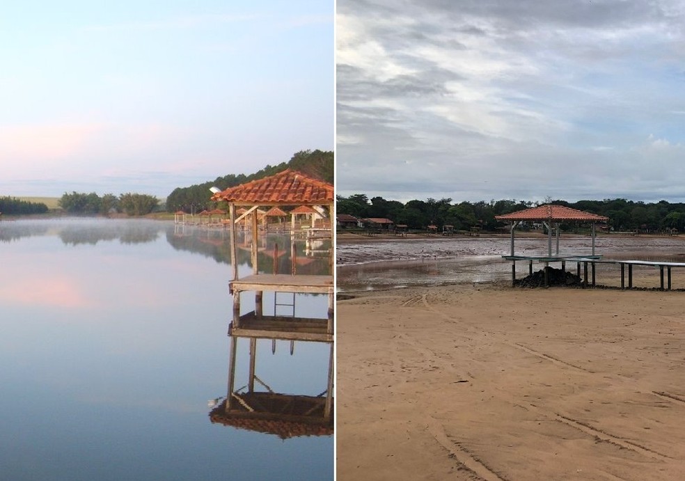 Antes e depois do rompimento da barragem do balneário de Quatá (SP) — Foto: Fábio Modesto/TV Tem Bauru e Marília