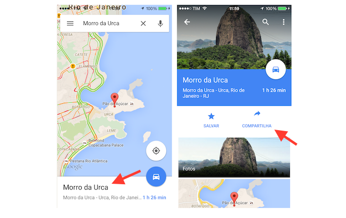 Iniciando o compartilhamento de um local no Google Maps para iPhone (Foto: Reprodução/Marvin Costa)