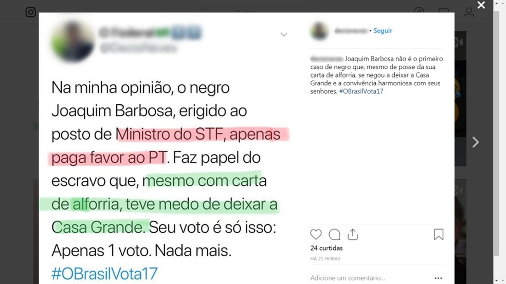 Postagem com menção desrespeitosa a Joaquim Barbosa foi feita no Instagram do policial — Foto: Reprodução/Instagram