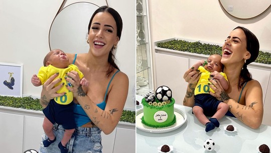 Maiára Quiderolly comemora com tema futebol o 1º mês de filho que teve com o jogador Jô 