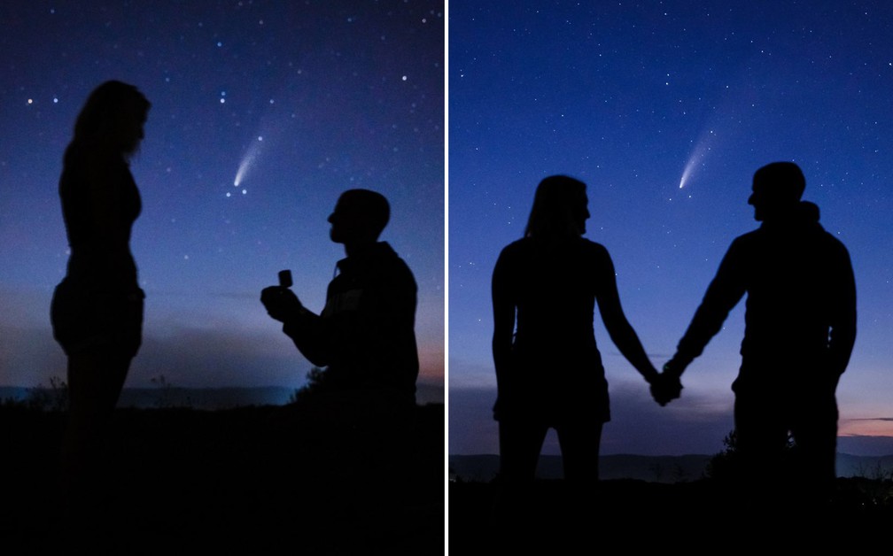 Casal fica noivo durante passagem do cometa Neowise nos EUA &mdash; Foto: Reprodu&ccedil;&atilde;o/Twitter @YohnnyNic