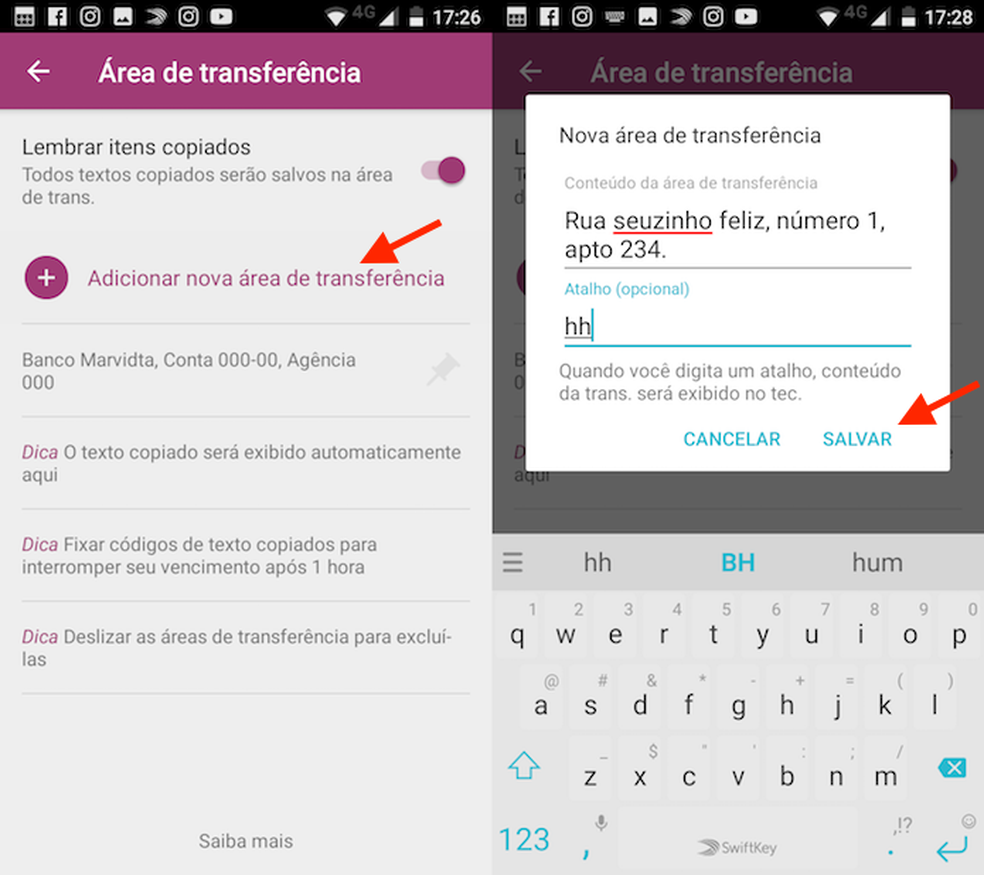 Opção para adicionar um texto para usar depois no teclado SwiftKey para Android (Foto: Reprodução/Marvin Costa)
