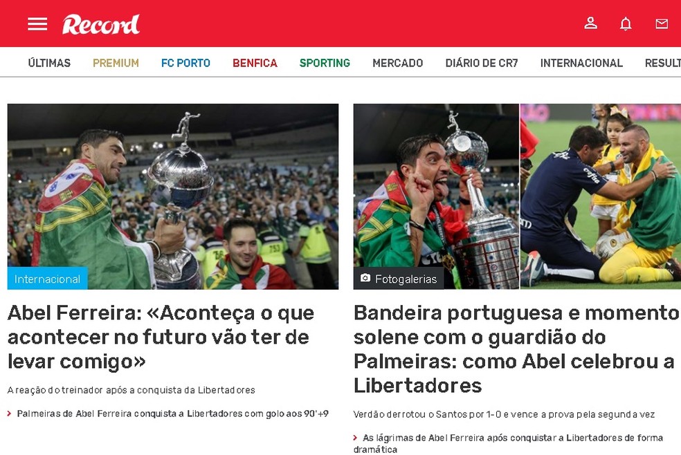 Português "Record" também destaca título de Abel Ferreira pelo Palmeiras — Foto: Reprodução/Record