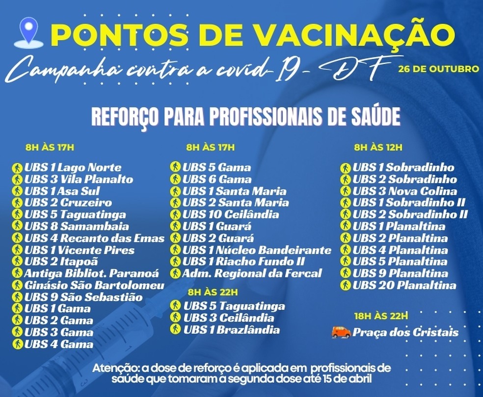 Postos de vacinação contra a Covid-19 para dose de reforço para profissionais de saúde em 26 de outubro  — Foto: Foto: SES-DF/Reprodução
