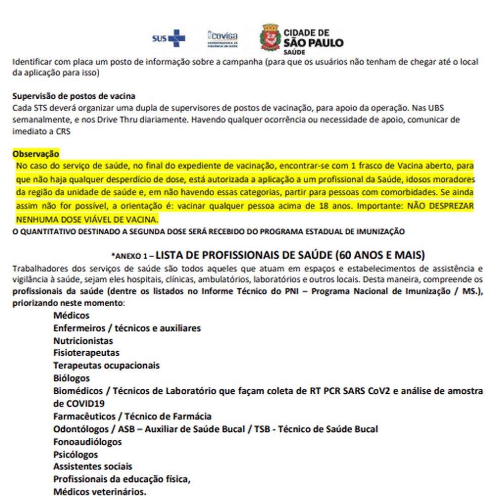 Prefeitura autoriza vacina em maiores de 18 anos caso haja sobra de dose