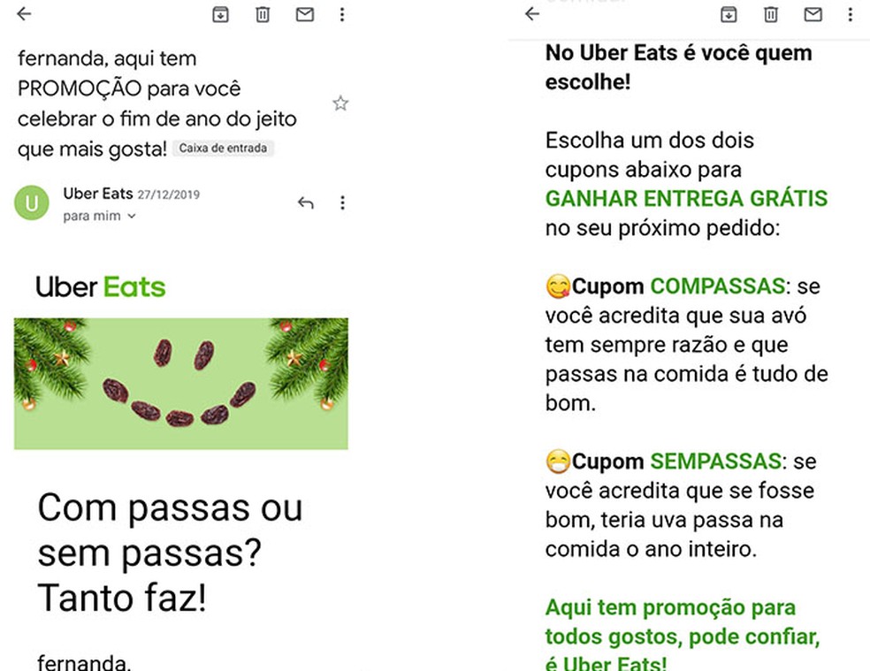 Uber Eats envia cupons para o e-mail cadastrado no aplicativo — Foto: Reprodução/Fernanda Lutfi