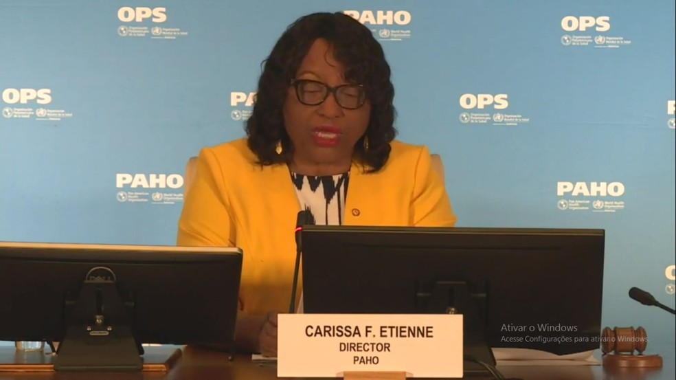 Carissa durante a coletiva de imprensa da Ops — Foto: Reprodução 