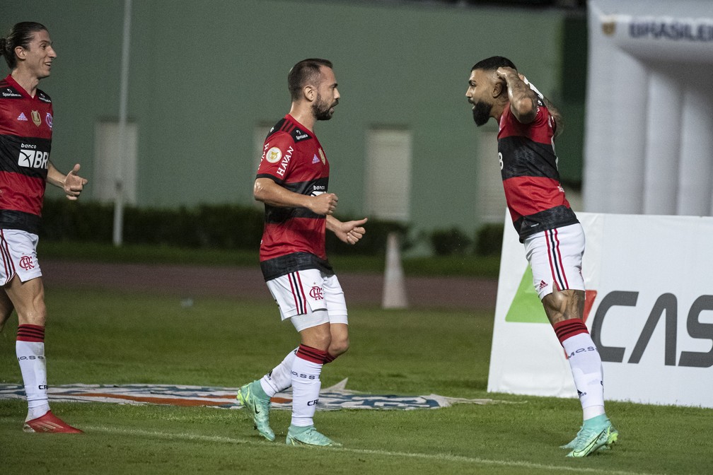 Gabigol comemora um de seus gols sobre o Bahia — Foto: Alexandre Vidal / Flamengo
