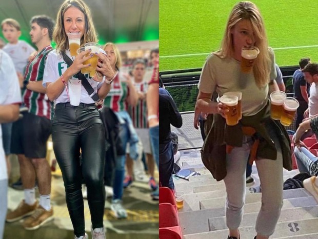 Bárbara Coelho equilibra copos de cerveja e reproduz meme (Foto: Reprodução/Instagram)