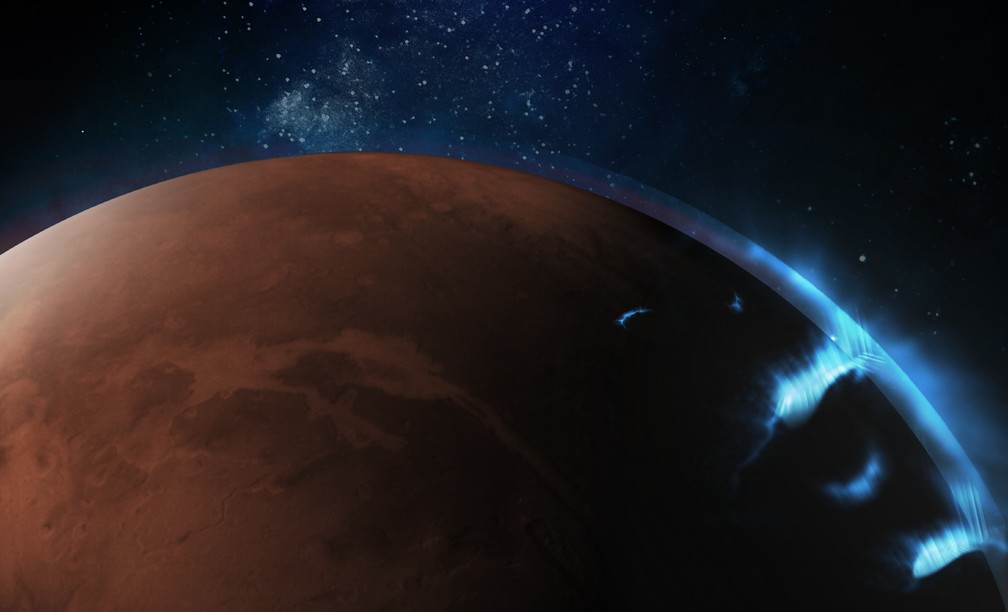 Imagem capturada das auroras de Marte — Foto: Emirates Mars Mission