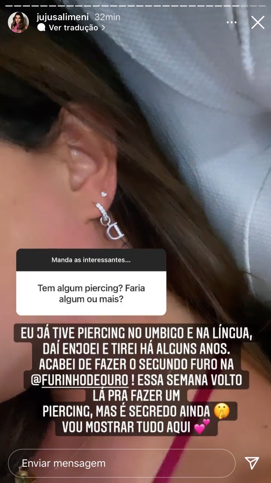 Juju Salimeni usa piercing com inicial do nome do namodado, Diogo Basaglia (Foto: Reprodução/Instagram)