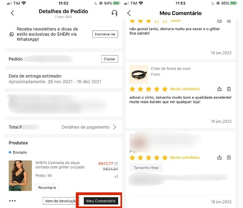 Visualizando comentários no aplicativo da Shein — Foto: Reprodução/Beatriz Maxima