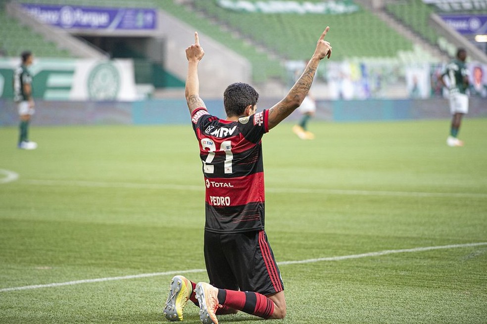 Pedro comemora o gol de empate do Flamengo em São Paulo — Foto: Alexandre Vidal / CRF