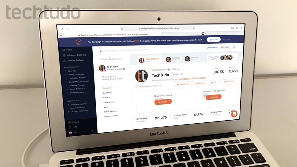 HypeAuditor: site grátis calcula taxa de engajamento de contas com mais de 1 mil seguidores — Foto: Helito Beggiora/TechTudo