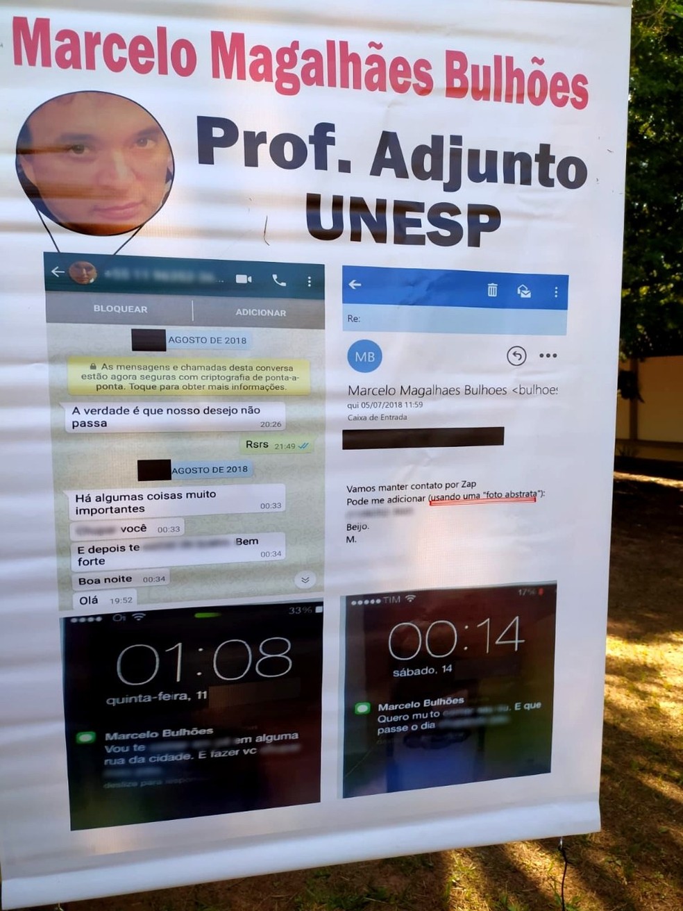 Cartazes com denúncia de assédio sexual feitos por alunas contra professor foram expostos no campus da Unesp de Bauru  — Foto: Arquivo pessoal