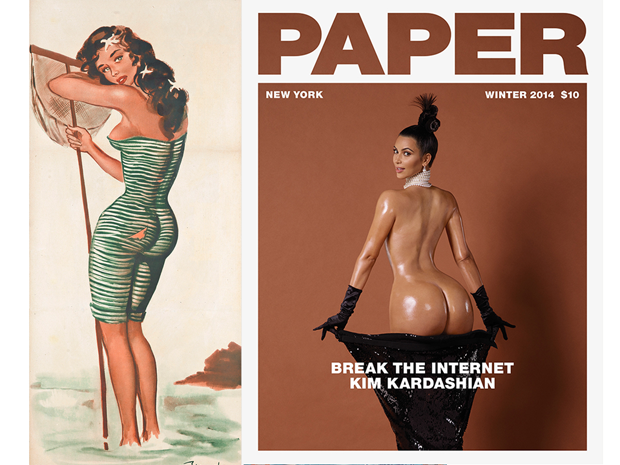 Left, Lot 42 (two in the lot). Pierre-Laurent Brenot (1913-1998). Gone Fishing. Starting bid: £700.Right, Kim Kardashian on the front of the Winter 2014 Paper magazine (Foto: Courtesy Christie’s Images Ltd. 2014, Jean-Paul Goude for Paper Magazine)