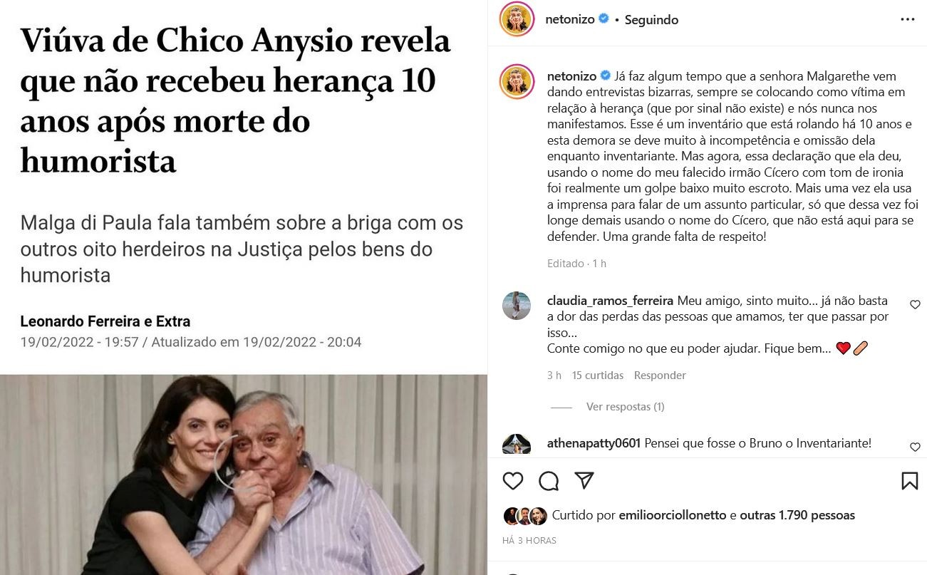 Viúva de Chico Anysio disse que não recebeu herança 10 anos após a morte do humorista (Foto: Reprodução/Instagram)