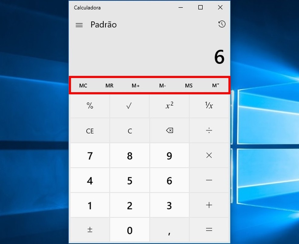 Destaque para botões de memória da calculadora do Windows 10 — Foto: Reprodução/Raquel Freire