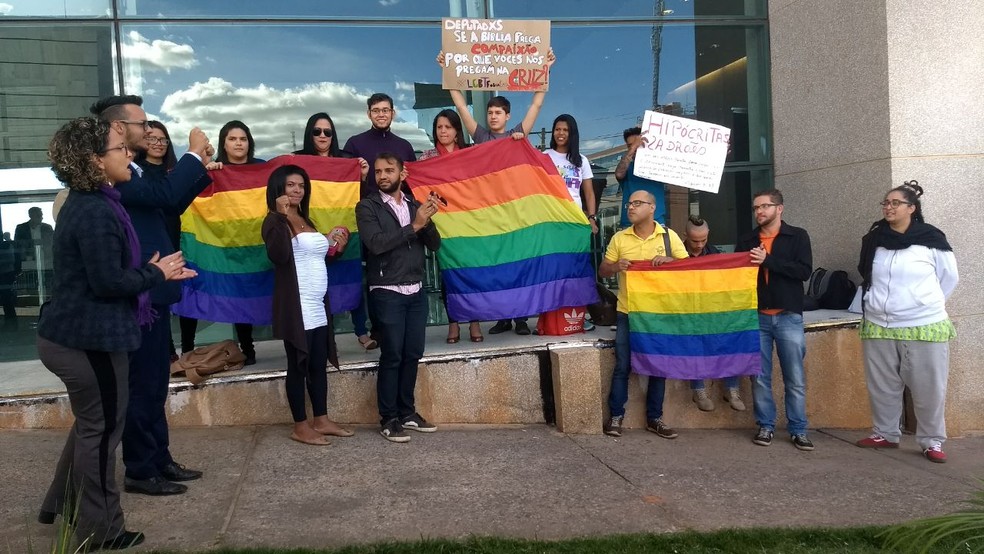 Manifestantes protestam em frente à Câmara Legislativa do DF contra decreto que derrubou regulamentação da lei anti-homofobia (Foto: Marília Marques/G1 )