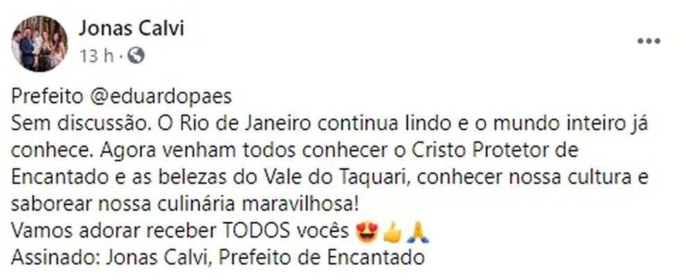 Resposta do prefeito de Encantado a Eduardo Paes — Foto: Reprodução/Redes sociais