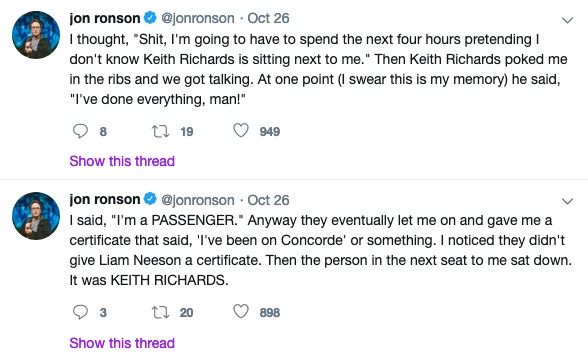 O relato do escritor Jon Ronson sobre o drama que sofreu dentro de um avião na companhia de Mick Jagger e Keith Richards (Foto: Twitter)