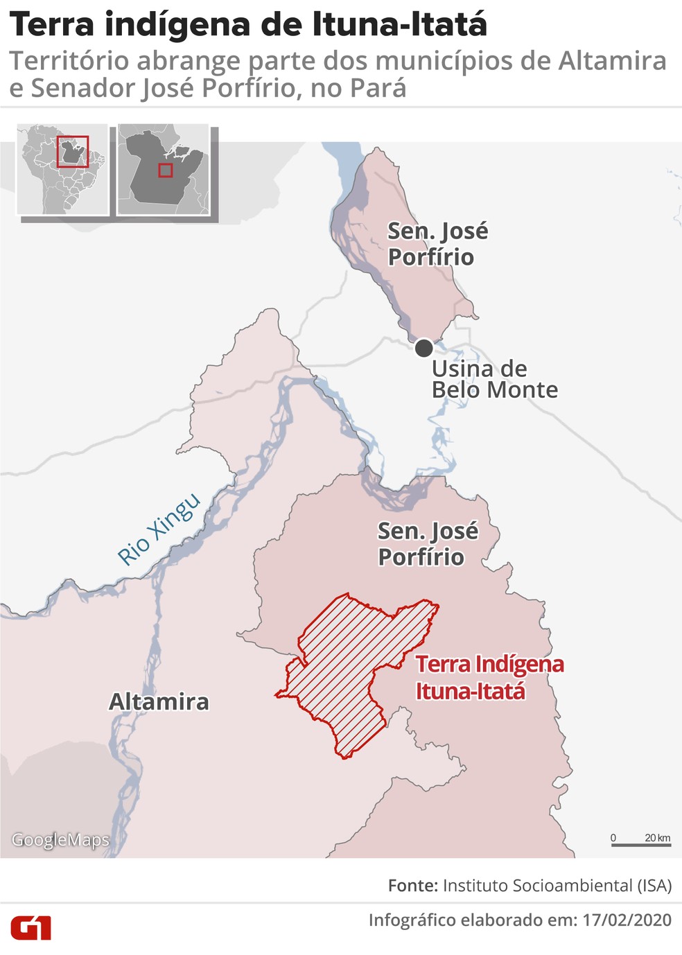 Mapa localiza a terra indígena Ituna-Itatá, os municípios limítrofes e a usina de Belo Monte; restrição de uso da terra foi contrapartida à construção da usina. — Foto: Rodrigo Sanches/G1