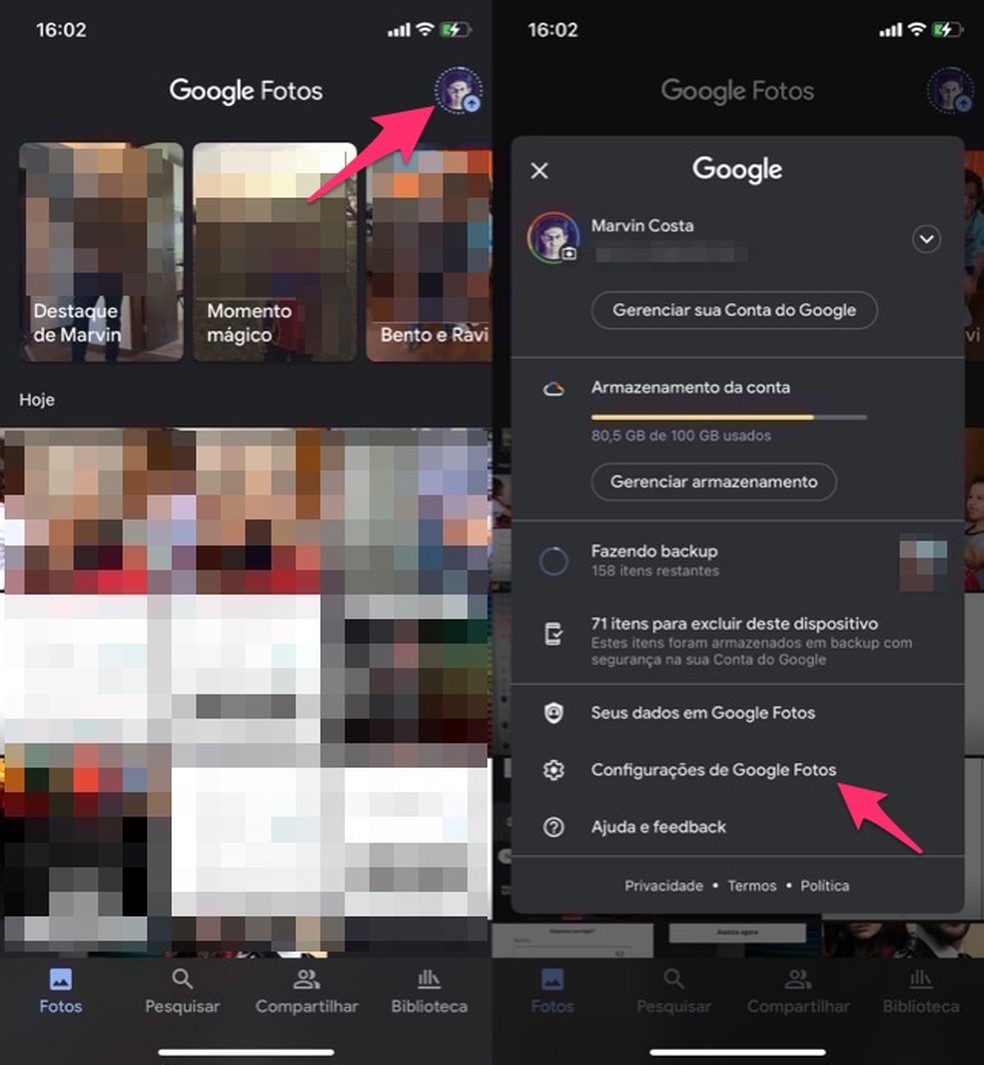 Ação para acessar as configurações do Google Fotos para desativar o backup e sincronização do app no celular — Foto: Reprodução/Marvin Costa