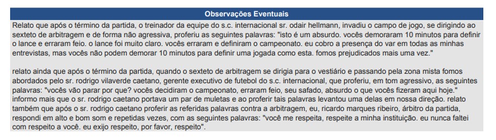 Parte da súmula de Inter x Santos  — Foto: Reprodução 