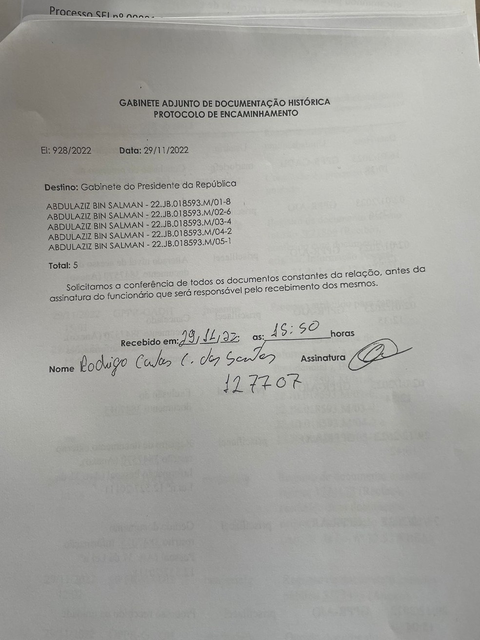 Documento mostra que Bolsonaro recebeu joias da Arábia Saudita — Foto: Reprodução