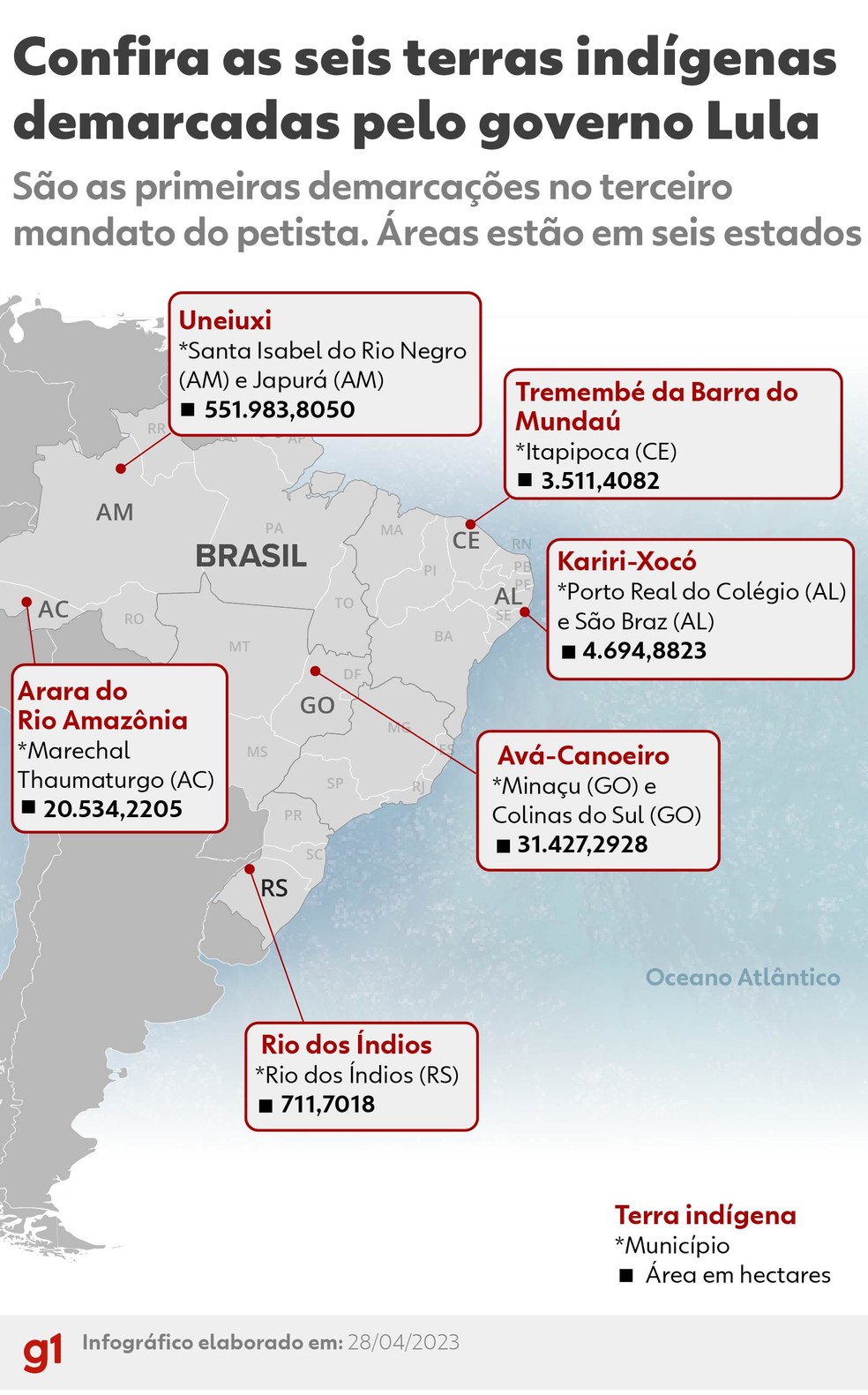 Terras indígenas demarcadas nesta sexta pelo governo Lula — Foto: Arte/g1