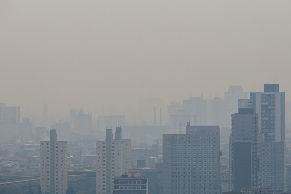 Nuvem de fumaça originadas das queimadas do Pantanal pode ser vista do alto de prédio localizado na região central da cidade de São Paulo na manhã deste sábado (19) — Foto: SUAMY BEYDOUN/AGIF/ESTADÃO CONTEÚDO