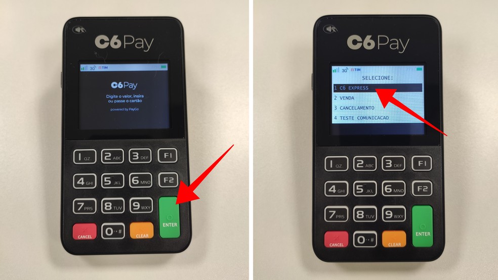 Acesse o menu C6 Express em uma maquininha C6 Pay SuperMini ou Essencial — Foto: Divulgação/C6 Bank